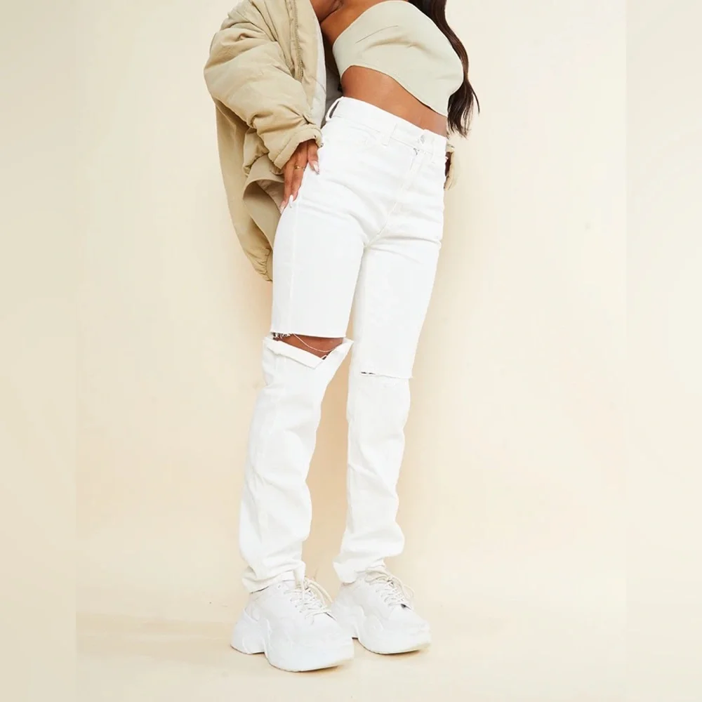 PLT Off white slash knee long straight leg jeans - Picture 1 of 2